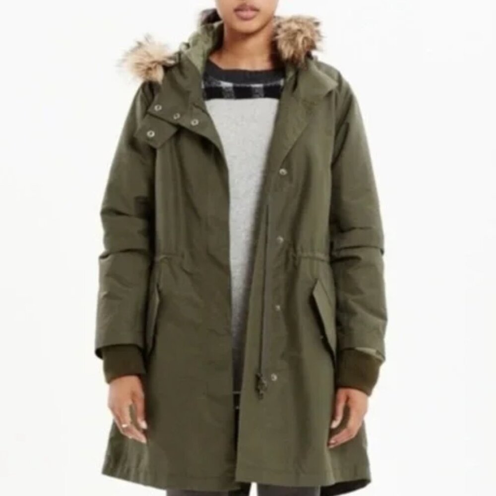 NEW! MADEWELL HOODED PARKA REMOVABLE FLEECE LINING SIDE ZIPPERS CINCH WAIST sz S